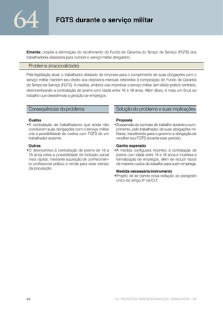 64                 FGTS durante o serviço militar



 Ementa: propõe a eliminação do recolhimento do Fundo de Garantia do Tempo de Serviço (FGTS) dos
 trabalhadores afastados para cumprir o serviço militar obrigatório.

  Problema (irracionalidade)
 Pela legislação atual, o trabalhador afastado da empresa para o cumprimento de suas obrigações com o
 serviço militar mantém seu direito aos depósitos mensais referentes à composição do Fundo de Garantia
 do Tempo de Serviço (FGTS). A medida, embora vise incentivar o serviço militar, tem efeito prático contrário,
 desincentivando a contratação de jovens com idade entre 16 e 18 anos. Além disso, é mais um ônus ao
 trabalho que desestimula a geração de empregos.


  Consequências do problema                               Solução do problema e suas implicações

  Custos                                                  Proposta
 •A contratação de trabalhadores que ainda não           •Suspensão do contrato de trabalho durante o cum-
  concluíram suas obrigações com o serviço militar        primento, pelo trabalhador, de suas obrigações mi-
  cria a possibilidade de custos com FGTS de um           litares, transferindo para o governo a obrigação de
  trabalhador ausente.                                    recolher seu FGTS durante esse período.

  Outras                                                  Ganho esperado
 •O desincentivo à contratação de jovens de 16 a         •A medida configurará incentivo à contratação de
  18 anos retira a possibilidade de inclusão social       jovens com idade entre 16 e 18 anos e incentiva a
  mais rápida, mediante aquisição de conhecimen-          formalização de empregos, além de reduzir riscos
  to profissional prático e renda para esse estrato       de maiores custos do trabalho para quem emprega.
  da população.
                                                          Medida necessária/instrumento
                                                         •Projeto de lei dando nova redação ao parágrafo
                                                          único do artigo 4º da CLT.




 94                                                      101 PROPOSTAS PARA MODERNIZAÇÃO TRABALHISTA - CNI
 