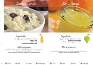 15 se poate congela6 minute3 portii7-9 luninu se poate congela10 minute1 portie7-9 luni
Mod de preparare:
Puneti merele impreuna cu sucul intr-o tigaie si gatiti pentru 6 minute.
Mixati in blender imreuna cu mango-ul.
Ingrediente:
2 mere medii, cojite si taiate cubulete
2 linguri suc de mere
½ cana de mango taiat cubulete
Mod de preparare:
Fierbeti ciresele in apa timp de 2 minute. Zdrobiti banana si adaugati-o
peste cirese pentru un minut.
Mixati compozitia rezultata si adaugati-o in orezul bebelusului.
Ingrediente:
6 cirese fara samburi, taiate in doua
1 lingura apa
1 banana
1 lingura cereale de orez
Banane si cirese Mar si mango
 