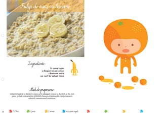 16 nu se poate congela5 minute1 portie7-9 luni
Mod de preparare:
Aduceti laptele la ﬁerbere dupa care adaugati ovazul si ﬁerbeti la foc mic
pana prinde consistenta. Zdrobiti banana si adaugati-o impreuna cu
zaharul, amestecand continuu.
Ingrediente:
½ cana lapte
3 linguri ovaz instant
1 banana mica
un varf de zahar brun
Fulgi de ovaz cu banane
 
