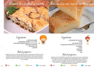 19 nu se poate congela30 minute6 portii9 luninu se poate congela45 minute6 portii9 luni
Mod de preparare:
Turnati 100 ml apa ﬁerbinte peste 100 de grame de cus-cus, acoperiti si
lasati timp de 10 minute. Adaugati apoi ouale bine batute si amestecate
cu iaurt si nucsoara. Ungeti un vas termorezistent cu unt si apoi cu
pesmet, supa care adaugati compozitia. Peste ea adaugati branza sau
cascavalul ras si maslinele si lasati in cuptorul incins in prealabil
(220 grade) timp de 15 minute.
Ingrediente:
100 grame de cus-cus
2 oua
100 grame iaurt
100 grame de branza sau de cascaval
6 masline
1 rosie
nucsoara
pesmet
untMod de preparare:
Ungeti cu unt un vas termorezistent si presarati pesmetul. Puneti un strat
de felii de dovlecel, unul de ricotta/urda, unul de carne si apoi repetati.
Deasupra puneti un ultim strat de dovlecei peste care radeti cascavalul.
Bagati in cuptorul preincalzit la 220 de grade si lasati musacaua timp de
30 de minute.
Ingrediente:
1 dovlecel mediu
200 grame ricotta /urda simpla
500 grame piept de pui ﬁert si maruntit
50 grame cascaval
50 grame unt
pesmet
Musaca din dovlecel si ricotta Placinta din cus-cus cu iaurt si oua
 