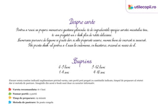 Pentru a reusi sa prepari mancaruri gustoase folosindu-te de ingredientele specifice varstei micutului tau,
ti-am pregatit un e-book plin de retete delicioase.
Numeroase piureuri de legume si fructe dar si alte preparate usoare, numai bune de incercat si savurat.
Poti printa ebook-ul pentru a-l avea la indemana, in bucatarie, oricand ai nevoie de el.
Despre carte
Fiecare reteta contine indicatii suplimentare privind varsta, cate portii poti pregati cu cantitatile indicate, timpul de preparare al retetei
dar si metoda de pastrare. Imaginile din acest e-book sunt doar cu caracter informativ.
Varsta recomandata: 6-7 luni
Numar portii: 3 portii
Timp de preparare: 19 minute
Metoda de pastrare: Se poate congela
Cuprins
6-9 luni 9-12 luni
1-4 ani 4-10 ani
 
