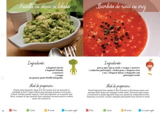 20 nu se poate congela30 minute5 portii9 luninu se poate congela30 minute5 portii9 luni
Mod de preparare:
Puneti legumele bine spalate la ﬁert si lasati sa clocoteasca pana sunt
aproape ﬁerte dupa care adaugati rosiile taiate. Strecurati apoi zeama
si zarzavatul si pasati legumele dupa care puneti iar compozitia la ﬁert,
impreuna cu orezul. La ﬁnal, adaugati patrunjelul tocat marunt si untul.
Ingrediente:
400 g apa; 250 g rosii; 1 ceapa; 1 morcov
1 radacina patrunjel; 1 ardei gras; 1 lingura orez
1 ou; 1 lingura faina; 2 lingurite unt
patrunjel verde
Mod de preparare:
Puneti toate legumele, dupa ce le-ati curatat si le-ati maruntit in
prealabil, la ﬁert. Ceapa trebuie pusa intreaga deoarece va ﬁ scoasa
la ﬁnal. Fierbeti pastele separat. Cand atat legumele cat si pastele sunt
ﬁerte, scurgeti de apa (pastrati doar cantitatea necesara pentru a subtia
piure-ul) si pasati-le.
Ingrediente:
2 legaturi stevie
2 legaturi loboda
2 morcovi
1 ceapa
50 grame paste fusilli integrale.
Fusilli cu stevie si loboda Ciorbita de rosii cu orez
 