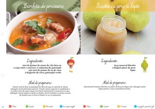 21 in frigider, pana la 2 zile5 minute2 portii9 luninu se poate congela40 minute6 portii9 luni
Mod de preparare:
Amestecati branzica Ricotta cu piure-ul de pere dupa care adaugati putin
lapte pentru a crea consistenta dorita.
Ingrediente:
65 g cascaval Ricotta
2 linguri piure de pere
lapte
Mod de preparare:
Puneti osul la ﬁert in jumatate de litru de apa si cand da in clocot
adaugati zarzavatul taiat marunt. Tocati carnea separat si combinati-o
cu putin miez de paine dupa care faceti perisoarele si puneti-le in apa.
Adaugati orezul spalat si lasati sa ﬁarba. Acriti ciorbita cu putina zeama
de lamaie sau cu bors si bateti cu ou si smantana.
Ingrediente:
200 de grame de carne de vita fara os
2 cepe mici; 1 morcov; o radacina de patrunjel
150-200 de grame de os de vaca
2 lingurite de orez; patrunjel verde
Ciorbita de perisoare Ricotta cu pere si lapte
 