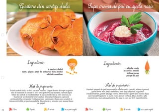 23 nu se poate congela30 minute4 portii9 luninu se poate congela35 minute3 portii9 luni
Mod de preparare:
Fierbeti pieptul de pui impreuna cu sfecla rosie, cartoﬁi, telina si prazul
pana devin moi. Daca bebelusul este deja obisnuit cu gustul
condimentelor, puteti adauga cateva. Strecurati o parte din zeama dupa
care mixati legumele si puiul cu un mixer vertical. Daca doriti o alta
consistenta, mai adaugati putin din apa in care au ﬁert ingredientele.
Ingrediente:
1 sfecla rosie
2 cartoﬁ medii
telina; praz
piept de pui
Mod de preparare:
Taiati carfoﬁi dulci in felii cat mai subtiri. Ungeti hartia de copt cu putin
ulei de masline si asezati-o pe o tava potrivita ca marime. Asezati apoi
feliile de cartoﬁ si condimentati-le cat considerati ca este necesar, in
functie de preferintele bebelusului. Introduceti tava in cuptorul
preincalzit la 220 grade Celsius pentru 15 minute, dupa care scoateti si
intoarceti feliile pe partea cealalta. Dupa inca 15 minute sunt numai bune
de papat.
Ingrediente:
2 cartoﬁ dulci
sare, piper, praf de usturoi, boia dulce
ulei de masline
Gustare din cartofi dulci Supa crema de pui cu sfecla rosie
 