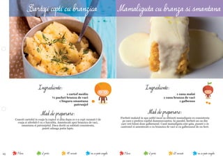 25 nu se poate congela25 minute2 portii9 luninu se poate congela45 minute2 portii9 luni
Mod de preparare:
Fierbeti malaiul in apa astfel incat sa obtineti mamaliguta cu consistenta
pe care o prefera copilul dumneavoastra. In paralel, ﬁerbeti un ou din
care veti folosi doar galbenusul. Cand mamaliguta este gata, puneti-o in
castronel si amestecati-o cu branzica de vaci si cu galbenusul de ou ﬁert.
Ingrediente:
1 cana malai
1 cana branza de vaci
1 galbenus
Mod de preparare:
Coaceti cartoful in coaja la cuptor si abia dupa ce s-a copt curatati-l de
coaja si zdrobiti-l cu o furculita. Amestecati apoi branzica de vaci,
smantana si patrunjelul. Daca doriti sa subtiati consistenta,
puteti adauga putin lapte.
Ingrediente:
1 cartof mediu
¼ pachet branza de vaci
1 lingura smantana
patrunjel
Cartofi copti cu branzica Mamaliguta cu branza si smantana
 