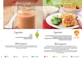 26 nu se poate congela25 minute3 portii9 lunise poate congela45 minute2 portii9 luni
Mod de preparare:
Puneti ovazul in castron, iar peste el turnati apa clocotita cat sa il
acopere, dupa care lasati compozitia sa se raceasca. Inabusiti ceapa taiata
marunt intr-o cratita cu putin ulei si putina apa, timp de 2-3 minute dupa
care amestecati totul cu fulgii de ovaz.
Din compozitia rezultata formati chiftelute pe care le asezati pe o tava si o
introduceti in cuptorul preincalzit. Dupa 15 minute intoarceti chiftelutele
pe cealalta parte.
Ingrediente:
2 cani de fulgi de ovaz; 3 cepe; 1 lingurita de sare
2 lingurite de faina; 5 catei usturoi
2 lingurite de verdeata proaspata; 2 linguri de ulei
1 lingurita de boia dulce
Mod de preparare:
Puneti dovlecelul, marul si para (toate decojite si taiate cubulete) la ﬁert.
Cand fructele au devenit moi, se paseaza, dupa care puneti din nou la
ﬁert impreuna cu grisul.
Ingrediente:
1 mar
1 para
1 cana dovlecel pentru placinta
4 linguri de gris
Gris cu fructe Chiftelute din ovaz
 