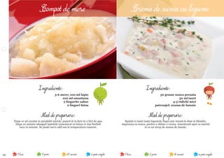 29 se poate congela10 minute2 portii9 lunise poate congela25 minute4 portii9 luni
Ingrediente:
50 grame sunca presata
50 ml iaurt
4-5 ridichi mici
patrunjel; zeama de lamaie
Mod de preparare:
Spalati si taiati toate legumele dupa care mixati-le bine in blender,
impreuna cu sunca, pentru a obtine o crema. Amestecati apoi cu iaurtul
si cu un strop de zeama de lamaie.
Mod de preparare:
Dupe ce ati curatat in prealabil merele, puneti-le la ﬁert in 2 litri de apa.
Dupa 10 minute adaugati laptelele (amestecat cu faina) si mai ﬁerbeti
inca 10 minute. Se poate servi cald sau la temperatura camerei.
Ingrediente:
5-6 mere; 100 ml lapte
100 ml smantana
2 lingurite zahar
2 linguri faina
Compot de mere Crema de sunca cu legume
 