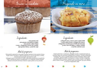 47
Mod de preparare:
Topiti untul intr-o craticioara, adaugati merele si amestecati pana se
inmoaie dupa care presarati zaharul brun si mierea. Turnati compozitia
rezultata intr-o tava si aranjati feliile de paine deasupra. Bateti ouale
cu laptele, zaharul vanilat, scortisoara si sarea si turnati compozitia
deasupra feliilor de paine. Acoperiti tava cu folie si lasati-o in frigider
pana a doua zi cand o veti pune la cuptor aproximativ 35-45 de minute
si veti servi friganelele calde.
Ingrediente:
5 linguri unt; 2 mere mari, taiate felii
1 cana zahar brun; 2 linguri de miere
1 lingurita scortisoara; 8 felii de franzela
3 oua; 200 ml lapte; 1 zahar vanilat
1 varf de cutit de sare
Mod de preparare:
Preincalziti cuptorul la 160 grade si puneti hartiute in tava pentru briose.
Topiti untul, ciocolata si zaharul impreuna cu 100 ml apa intr-o cratita,
amestecand ocazional, apoi lasati la racit.
Adaugati ouale si extractul de vanilie, apoi faina amestecata cu praful de
copt si amestecati pana la omogenizare. Cu o lingurita, puneti aluatul
obtinut in formele de briose si dati la cuptor pentru 20-25 minute.
Ingrediente:
200 grame unt
200 grame ciocolata cu lapte
200 grame zahar brun
2 oua; 1 lingurita extract de vanilie
250 grame faina; 1 praf de copt
Briose cu ciocolata Friganele cu mere
 