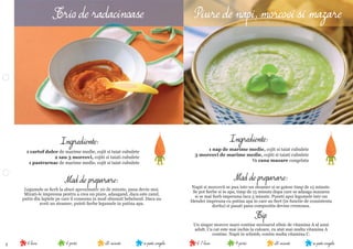 5 se poate congela20 minute4 portii6-7 lunise poate congela20 minute6 portii6 luni
Mod de preparare:
Napii si morcovii se pun intr-un steamer si se gatesc timp de 15 minute.
Se pot ﬁerbe si in apa, timp de 15 minute dupa care se adauga mazarea
si se mai ﬁerb impreuna inca 5 minute. Puneti apoi legumele intr-un
blender impreuna cu putina apa in care au ﬁert (in functie de consistenta
dorita) si pasati pana compozitia devine cremoasa.
Tip
Un singur morcov mare contine necesarul zilnic de vitamina A al unui
adult. Cu cat este mai inchis la culoare, cu atat mai multa vitamina A
contine. Napii in schimb, contin multa vitamina C.
Ingrediente:
1 nap de marime medie, cojit si taiat cubulete
3 morcovi de marime medie, cojiti si taiati cubulete
½ cana mazare congelata
Mod de preparare:
Legumele se ﬁerb la aburi aproximativ 20 de minute, pana devin moi.
Mixati-le impreuna pentru a crea un piure, adaugand, daca este cazul,
putin din laptele pe care il consuma in mod obisnuit bebelusul. Daca nu
aveti un steamer, puteti ﬁerbe legumele in putina apa.
Ingrediente:
1 cartof dulce de marime medie, cojit si taiat cubulete
2 sau 3 morcovi, cojiti si taiati cubulete
1 pastrarnac de marime medie, cojit si taiat cubulete
Trio de radacinoase Piure de napi, morcovi si mazare
 