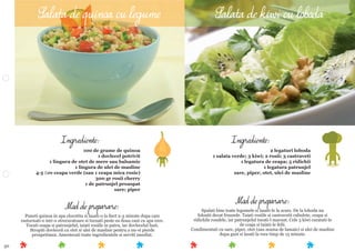 50
Mod de preparare:
Spalati bine toate legumele si lasati-le la scurs. De la loboda nu
folositi decat frunzele. Taiati rosiile si castravetii cubulete, ceapa si
ridichile rondele, iar patrunjelul tocati-l marunt. Cele 3 kiwi curatati-le
de coaja si taiati-le felii.
Condimentati cu sare, piper, otet (sau zeama de lamaie) si ulei de masline
dupa gust si lasati la rece timp de 15 minute.
Ingrediente:
2 legaturi loboda
1 salata verde; 3 kiwi; 2 rosii; 3 castraveti
1 legatura de ceapa; 5 ridichii
1 legatura patrunjel
sare, piper, otet, ulei de masline
Mod de preparare:
Puneti quinoa in apa clocotita si lasati-o la ﬁert 2-3 minute dupa care
rasturnati-o intr-o strecuratoare si turnati peste ea doua cani cu apa rece.
Tocati ceapa si patrunjelul, taiati rosiile in patru, iar dovlecelul fasii.
Stropiti dovleceii cu otet si ulei de masline pentru a nu-si pierde
prospetimea. Amestecati toate ingredientele si serviti imediat.
Ingrediente:
100 de grame de quinoa
1 dovlecel potrivit
1 lingura de otet de mere sau balsamic
1 lingura de ulei de masline
4-5 ﬁre ceapa verde (sau 1 ceapa mica rosie)
300 gr rosii cherry
1 de patrunjel proaspat
sare; piper
Salata de quinoa cu legume Salata de kiwi cu loboda
 