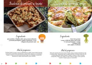 57
Mod de preparare:
Dati prin masina de tocat carnea, varza, ceapa si painea inmuiata in apa
si stoarsa bine. Amestecati apoi cu galbenusurile, verdeata tocata ﬁn, iar
la ﬁnal albusurile batute spuma. Ungeti o cratita cu ulei si turnati
compozitia, dupa care ungeti cu ulei si dati la cuptor, la foc potrivit.
Lasati in cuptor pana se rumeneste.
Ingrediente:
600-700 g carne
2 oua; 2 felii de paine mai veche
¼ varza proaspata; 1 ceapa
3 linguri ulei
sare; piper; verdeata
Mod de preparare:
Fierbeti taiteii in apa cu sare si amestecati cu uleiul, sunca taiata marunt,
carnea din carnati (fara membrana), ouale batute spuma si cu smantana.
Ungeti o forma unt si presarati pesmet dupa care adaugati compozitia.
Rumeniti in cuptor aproximativ 35-40 minute.
Ingrediente:
500 g taitei; 1 lingura ulei; 250 g sunca afumata
3 carnati proaspeti; 1 pahar smantana, 2 oua
1 lingura de pesmet; sare
Budinca de carnati si taietei Budinca de carne cu varza
 