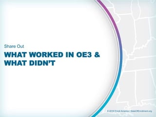© 2016 Enroll America | StateOfEnrollment.org
WHAT WORKED IN OE3 &
WHAT DIDN’T
Share Out
 