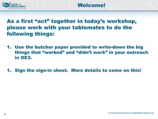 © 2016 Enroll America | StateOfEnrollment.org
1
As a first “act” together in today’s workshop,
please work with your tablemates to do the
following things:
1. Use the butcher paper provided to write-down the big
things that “worked” and “didn’t work” in your outreach
in OE3.
1. Sign the sign-in sheet. More details to come on this!
Welcome!
 