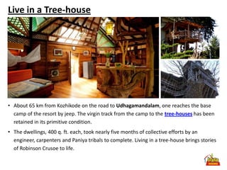 Live in a Tree-house




• About 65 km from Kozhikode on the road to Udhagamandalam, one reaches the base
  camp of the resort by jeep. The virgin track from the camp to the tree-houses has been
  retained in its primitive condition.
• The dwellings, 400 q. ft. each, took nearly five months of collective efforts by an
  engineer, carpenters and Paniya tribals to complete. Living in a tree-house brings stories
  of Robinson Crusoe to life.
 