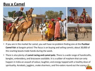 Buy a Camel




• If you are in the market for camel, you will have no problem finding one at the Pushkar
  Camel Fair at bargain prices! The focus is on buying and selling camels; about 30,000 of
  the snarling beasts trade hands during the week.
• There is also plenty of camel racing and camel polo. There is a wide range of handicrafts,
  bangles, embroidery, and brassware available. It is a caliber of mayhem that can only
  happen in India-an assault of colour, laughter, and energy topped with a healthy dose of
  spirituality. Acrobats, jugglers, snake charmers, and fire-eaters round out the scene.
 