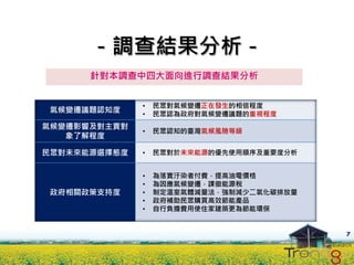 －調查結果分析－
      針對本調查中四大面向進行調查結果分析


              •   民眾對氣候變遷正在發生的相信程度
氣候變遷議題認知度     •   民眾認為政府對氣候變遷議題的重視程度
氣候變遷影響及對主責對
              •   民眾認知的臺灣氣候風險等級
   象了解程度

民眾對未來能源選擇態度   •   民眾對於未來能源的優先使用順序及重要度分析


              •   為落實汙染者付費，提高油電價格
              •   為因應氣候變遷，課徵能源稅
政府相關政策支持度     •   制定溫室氣體減量法，強制減少二氧化碳排放量
              •   政府補助民眾購買高效節能產品
              •   自行負擔費用使住家建築更為節能環保


                                          7
 