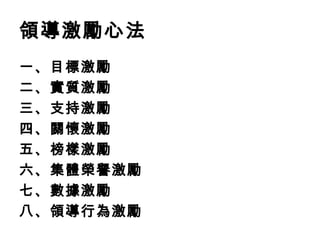 領導激勵心法
一、目標激勵
二、實質激勵
三、支持激勵
四、關懷激勵
五、榜樣激勵
六、集體榮譽激勵
七、數據激勵
八、領導行為激勵
 