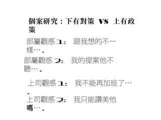 個案研究：下有對策 VS 上有政
策
部屬觀感 1: 跟我想的不一
樣… .
部屬觀感 2: 我的提案他不
聽… .
上司觀感 1: 我不能再加班了…
.
上司觀感 2: 我只能讚美他
嗎… .
 