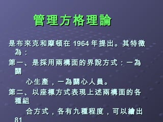 管理方格理論
是布來克和摩頓在 1964 年提出。其特徵
 為：
第一、是採用兩構面的界說方式：一為
 關
   心生產，一為關心人員。
第二、以座標方式表現上述兩構面的各
 種組
   合方式，各有九種程度，可以繪出
 