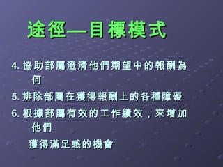 途徑—目標模式
4. 協 助 部 屬 澄 清 他 們 期 望 中 的 報 酬 為
    何
5. 排除部屬在獲得報酬上的各種障 礙
6. 根 據 部 屬 有 效 的 工 作 績 效 ， 來 增 加
    他們
   獲得滿足感的機會
 