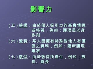 影響力

( 五 ) 榜樣 ：由於個人吸引力的高貴情操
          或特質，例如：護理長以身
          作則
( 六 ) 資料 ：某人因擁有特殊對他人有價
          值之資料，例如：臨床護理
          專家
( 七 ) 敬仰 ：由於敬仰所產生，例如：族
          長、鄉長
 