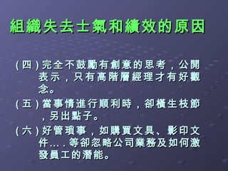 組織失去士氣和績效的原因

( 四 ) 完全不鼓勵有創意的思考，公開
     表示，只有高階層經理才有好觀
     念。
( 五 ) 當事情進行順利時，卻橫生枝節
     ，另出點子。
( 六 ) 好管瑣事，如購買文具、影印文
     件… . 等卻忽略公司業務及如何激
     發員工的潛能。
 