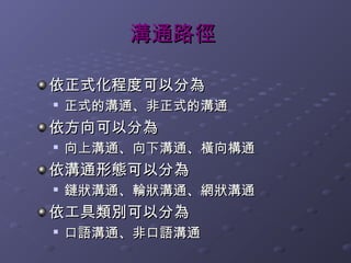溝通路徑

依正式化程度可以分為

    正式的溝通、非正式的溝通
依方向可以分為
   向上溝通、向下溝通、橫向構通
依溝通形態可以分為
   鏈狀溝通、輪狀溝通、網狀溝通
依工具類別可以分為

    口語溝通、非口語溝通
 