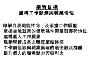 學習目標
   建構工作願景與職業倫理

瞭解自我職能性向，及承擔工作職能
掌握自我就業的優勢條件與相對優勢地位
         學習目標
建構個人工作願景
規劃學習成長之職涯策略路徑
工作價值觀與職業倫理的道德觀及群體
提升個人的職場魅力與吸引力
 