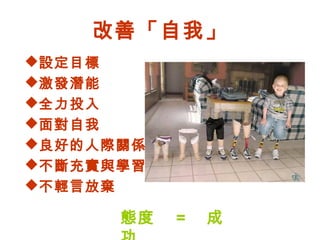 改善「自我」
設定目標
激發潛能
全力投入
面對自我
良好的人際關係
不斷充實與學習
不輕言放棄

      態度　 = 　成
 