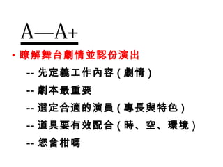 A—A+
• 瞭解舞台劇情並認份演出
 -- 先定義工作內容 ( 劇情 )
 -- 劇本最重要
 -- 選定合適的演員 ( 專長與特色 )
 -- 道具要有效配合 ( 時、空、環境 )
 -- 您含柑嗎
 