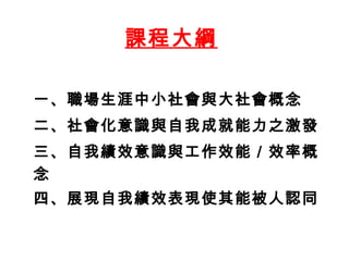 課程大綱

一、職場生涯中小社會與大社會概念
二、社會化意識與自我成就能力之激發
三、自我績效意識與工作效能／效率概
念
四、展現自我績效表現使其能被人認同
 