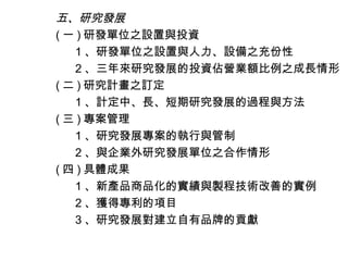 五、研究發展
( 一 ) 研發單位之設置與投資
   1 、研發單位之設置與人力、設備之充份性
   2 、三年來研究發展的投資佔營業額比例之成長情形
( 二 ) 研究計畫之訂定
   1 、計定中、長、短期研究發展的過程與方法
( 三 ) 專案管理
   1 、研究發展專案的執行與管制
   2 、與企業外研究發展單位之合作情形
( 四 ) 具體成果
   1 、新產品商品化的實績與製程技術改善的實例
   2 、獲得專利的項目
   3 、研究發展對建立自有品牌的貢獻
 