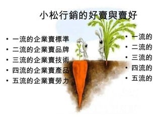 小松行銷的好賣與賣好

•   一流的企業賣標準   •   一流的
•   二流的企業賣品牌   •   二流的
•   三流的企業賣技術   •   三流的
•   四流的企業賣產品   •   四流的
•   五流的企業賣勞力   •   五流的
 