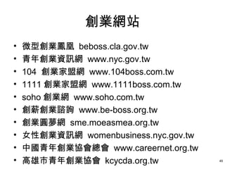 創業網站
•   微型創業鳳凰 beboss.cla.gov.tw
•   青年創業資訊網 www.nyc.gov.tw
•   104 創業家盟網 www.104boss.com.tw
•   1111 創業家盟網 www.1111boss.com.tw
•   soho 創業網 www.soho.com.tw
•   創薪創業諮詢 www.be-boss.org.tw
•   創業圓夢網 sme.moeasmea.org.tw
•   女性創業資訊網 womenbusiness.nyc.gov.tw
•   中國青年創業協會總會 www.careernet.org.tw
•   高雄市青年創業協會 kcycda.org.tw            49
 