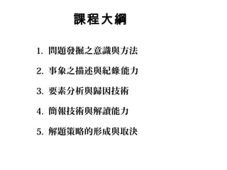 1. 問題發掘之意識與方法
2. 事象之描述與紀 能力錄
3. 要素分析與歸因技術
4. 簡報技術與解讀能力
5. 解題策略的形成與取決
課程大綱
 