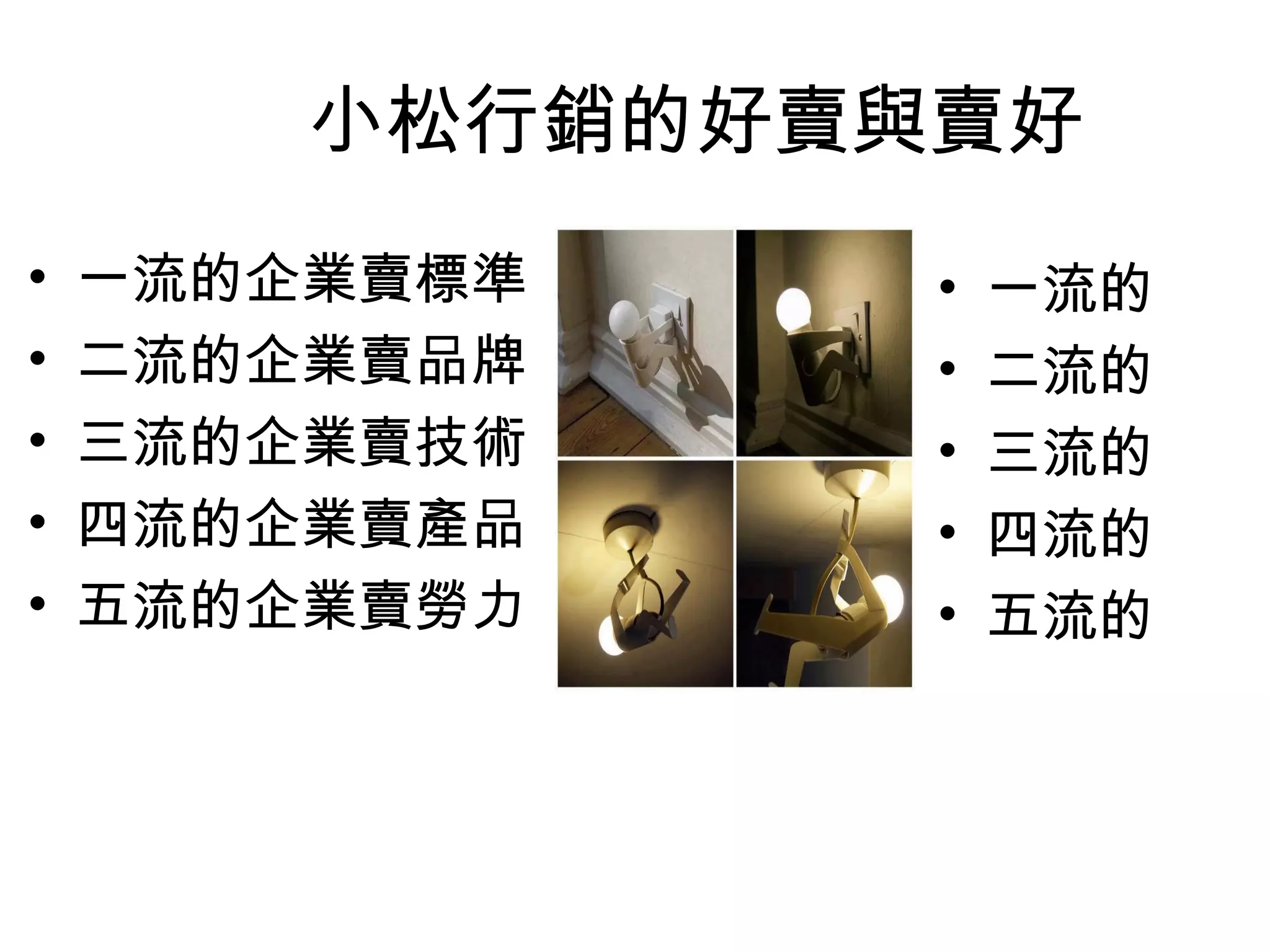 小松行銷的好賣與賣好
• 一流的企業賣標準
• 二流的企業賣品牌
• 三流的企業賣技術
• 四流的企業賣產品
• 五流的企業賣勞力
• 一流的
• 二流的
• 三流的
• 四流的
• 五流的
 
