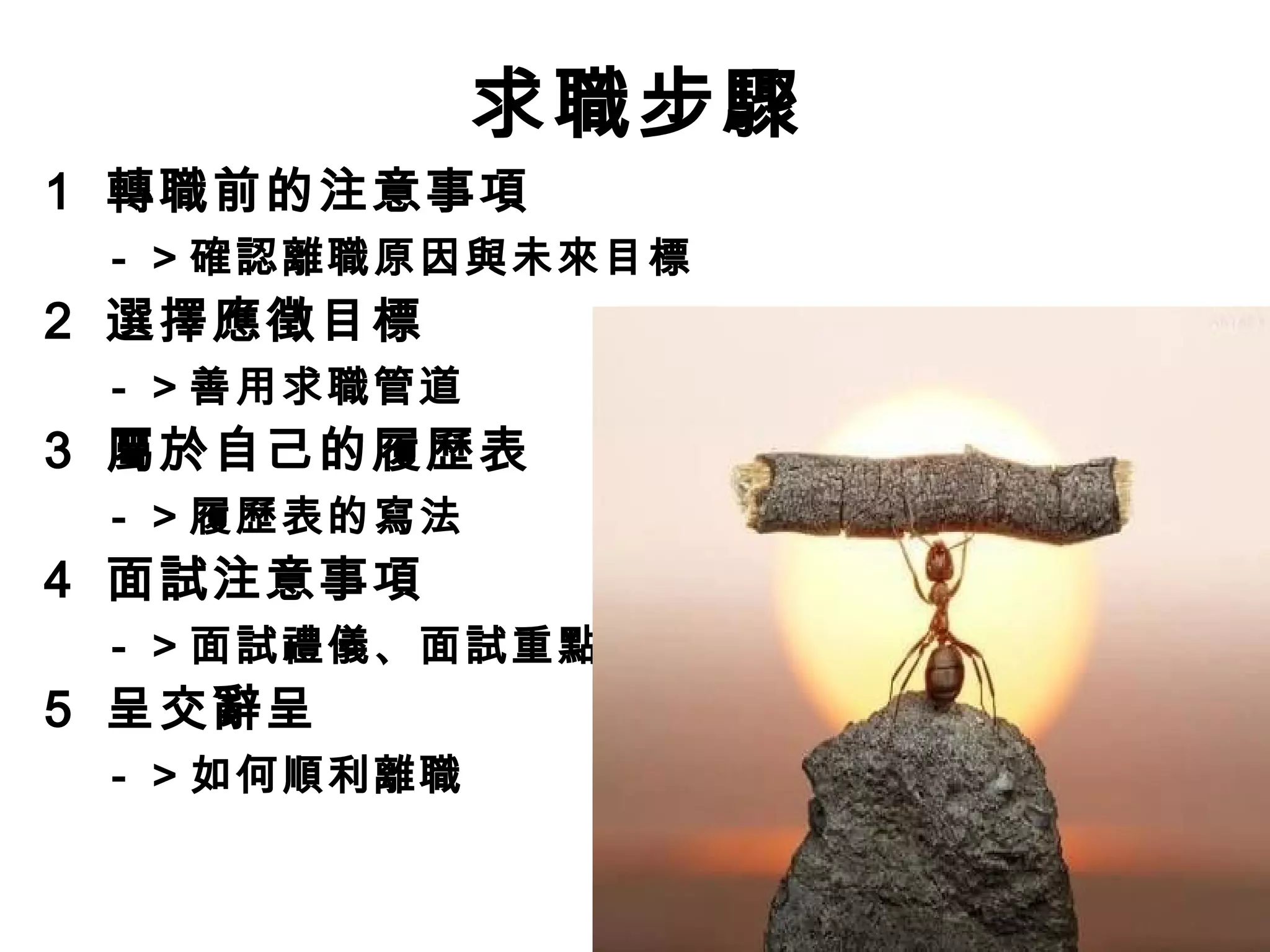 求職步驟
1 轉職前的注意事項
　－＞確認離職原因與未來目標
2 選擇應徵目標
　－＞善用求職管道
3 屬於自己的履歷表
　－＞履歷表的寫法
4 面試注意事項
　－＞面試禮儀、面試重點
5 呈交辭呈
　－＞如何順利離職
 