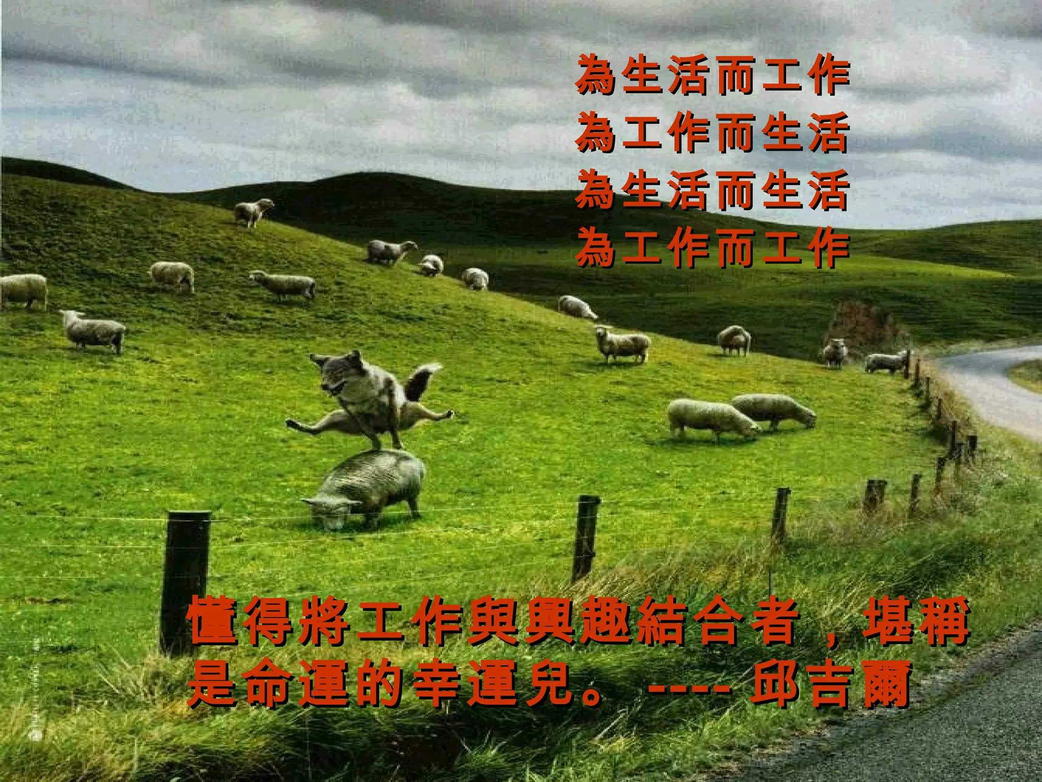 為生活而工作為生活而工作
為工作而生活為工作而生活
為生活而生活為生活而生活
為工作而工作為工作而工作
懂得將工作與興趣結合者，堪稱懂得將工作與興趣結合者，堪稱
是命運的幸運兒。是命運的幸運兒。 -------- 邱吉爾邱吉爾
 
