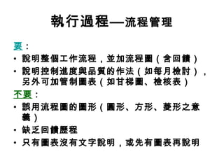 執行過程— 流程管理
要：
• 說明整個工作流程，並加流程圖（含回饋）
• 說明控制進度與品質的作法（如每月檢討），
  另外可加管制圖表（如甘梯圖、檢核表）
不要：
• 誤用流程圖的圖形（圓形、方形、菱形之意
  義）
• 缺乏回饋歷程
• 只有圖表沒有文字說明，或先有圖表再說明
 