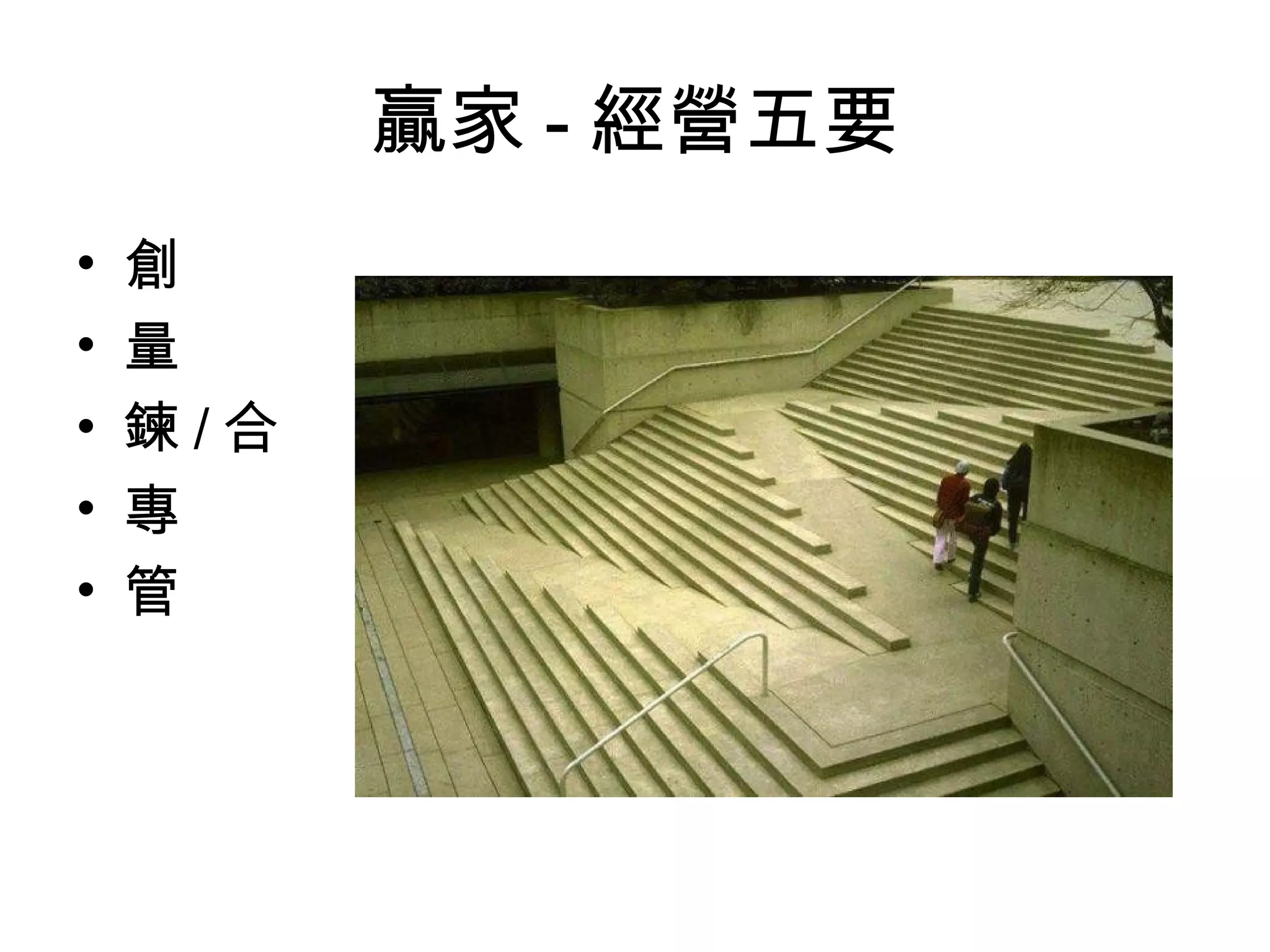 贏家 - 經營五要
• 創
• 量
• 鍊 / 合
• 專
• 管
 