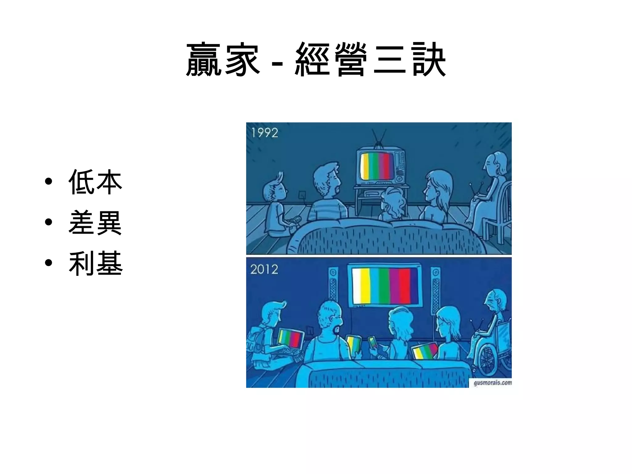 贏家 - 經營三訣
• 低本
• 差異
• 利基
 