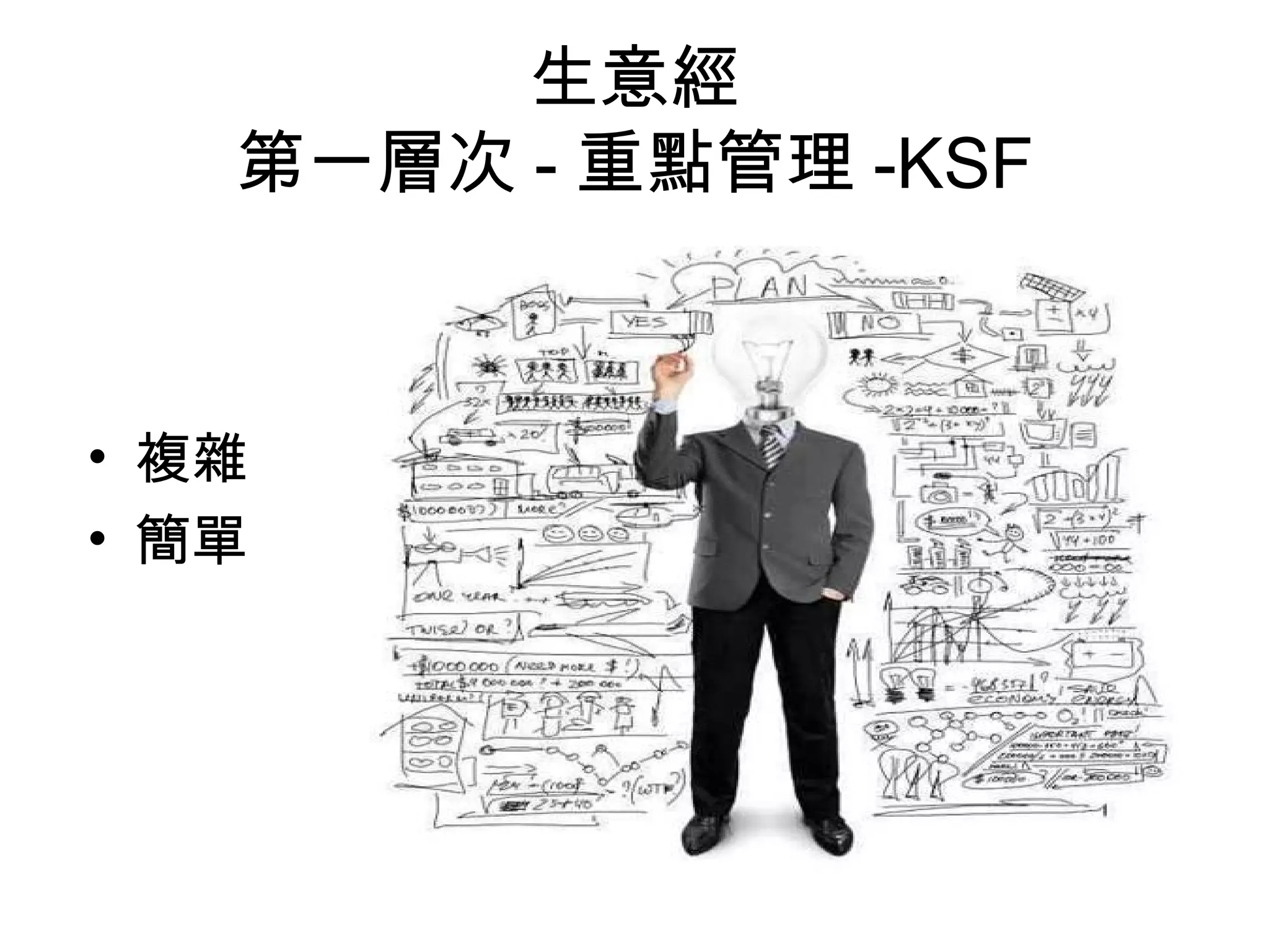 生意經
第一層次 - 重點管理 -KSF
• 複雜
• 簡單
 
