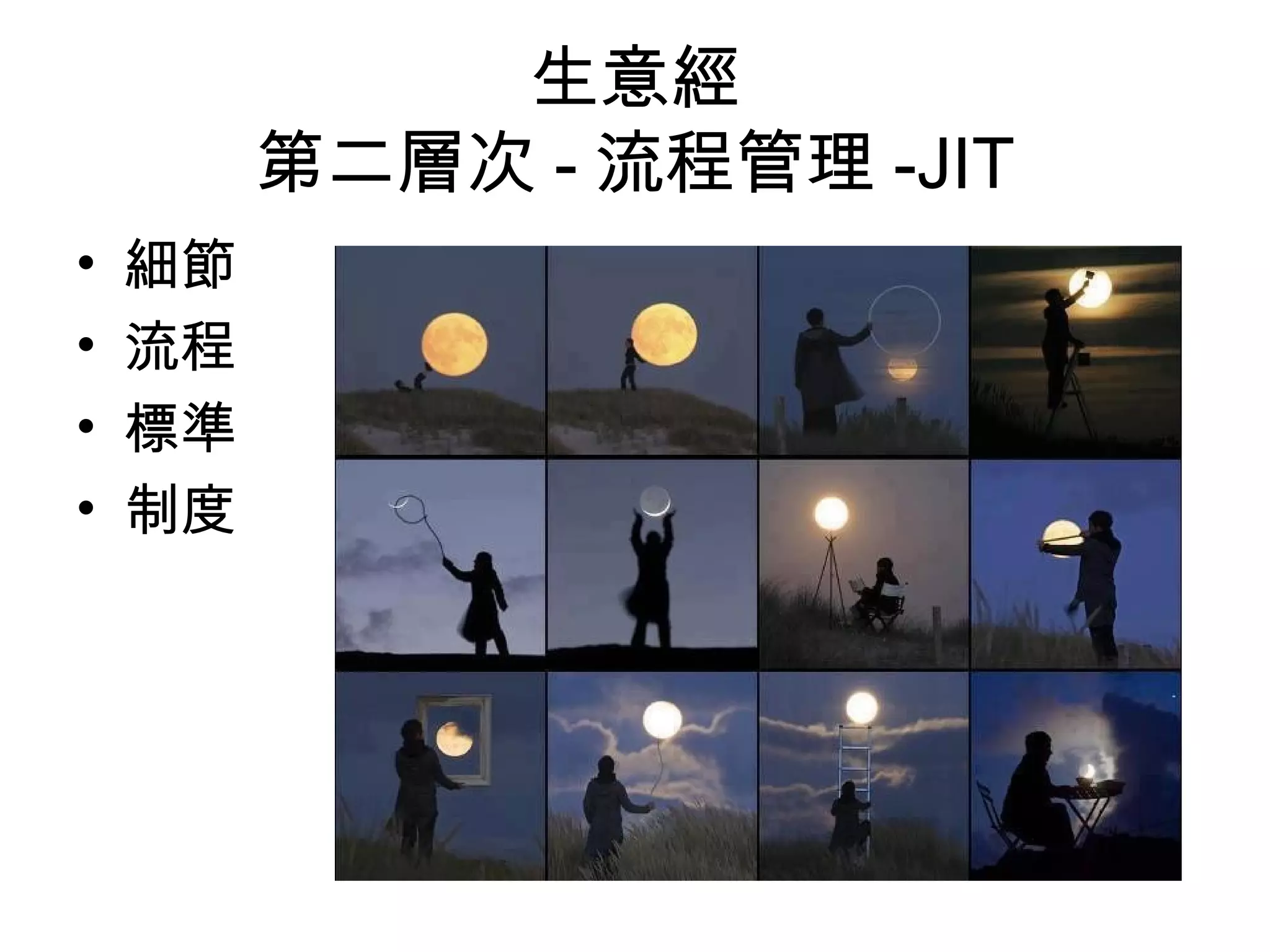 生意經
第二層次 - 流程管理 -JIT
• 細節
• 流程
• 標準
• 制度
 