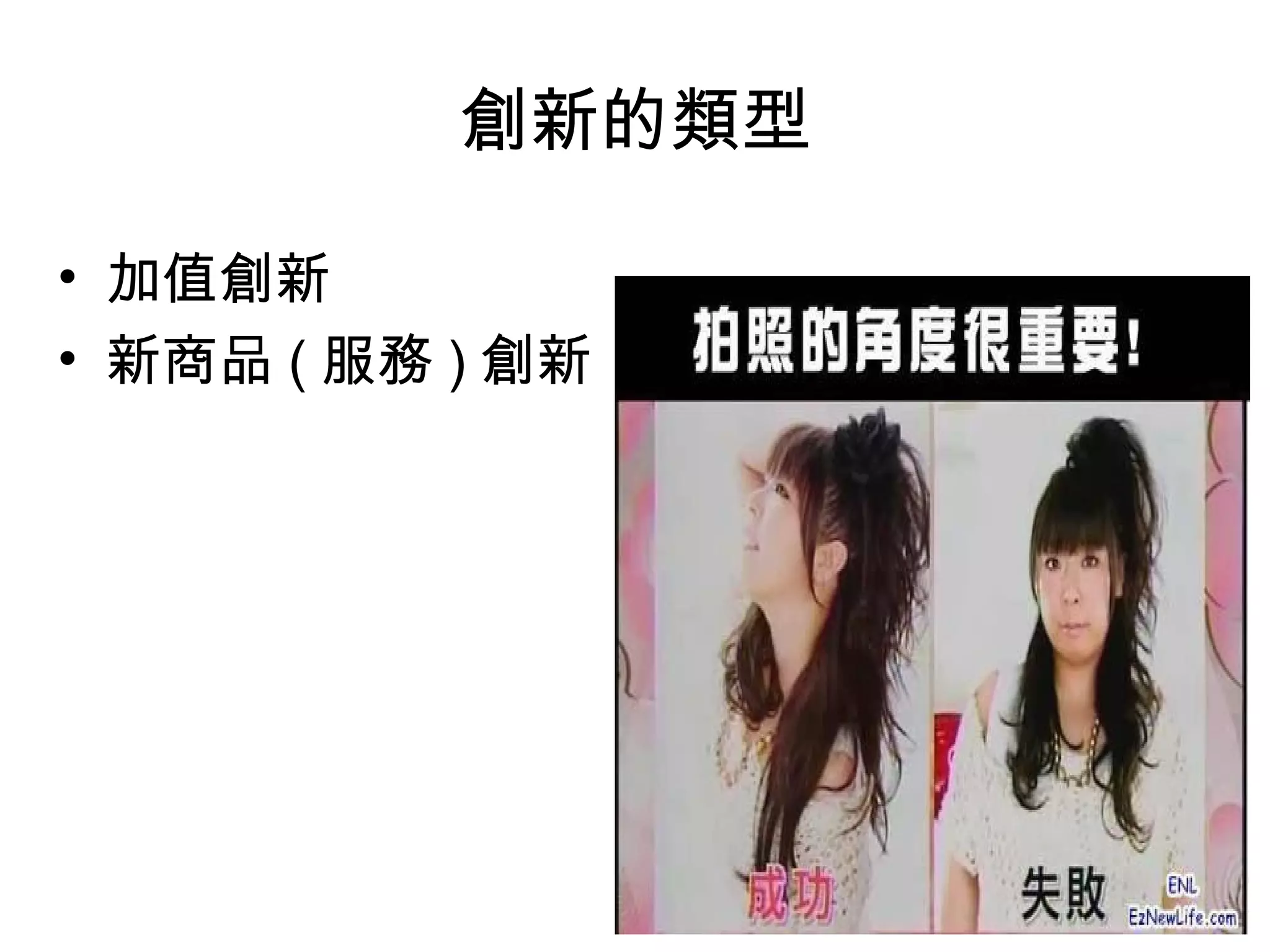 創新的類型
• 加值創新
• 新商品 ( 服務 ) 創新
 