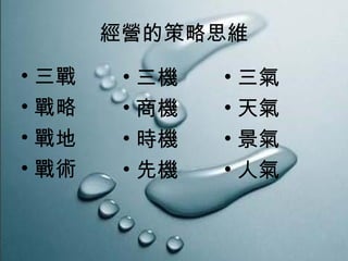 經營的策略思維
• 三戰
• 戰略
• 戰地
• 戰術
• 三氣
• 天氣
• 景氣
• 人氣
• 三機
• 商機
• 時機
• 先機
 