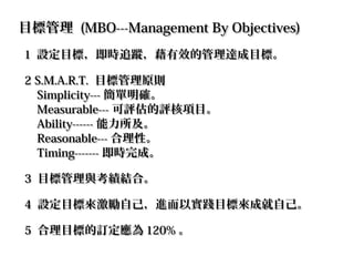 目標管理目標管理 (MBO---Management By Objectives)(MBO---Management By Objectives)
11 設定目標，即時追蹤，藉有效的管理達成目標。設定目標，即時追蹤，藉有效的管理達成目標。
2 S.M.A.R.T.2 S.M.A.R.T. 目標管理原則目標管理原則
Simplicity---Simplicity--- 簡單明確。簡單明確。
Measurable---Measurable--- 可評估的評核項目。可評估的評核項目。
Ability------Ability------ 能力所及。能力所及。
Reasonable---Reasonable--- 合理性。合理性。
Timing-------Timing------- 即時完成。即時完成。
33 目標管理與考績結合。目標管理與考績結合。
44 設定目標來激勵自己，進而以實踐目標來成就自己。設定目標來激勵自己，進而以實踐目標來成就自己。
55 合理目標的訂定應為合理目標的訂定應為 120%120% 。。
 