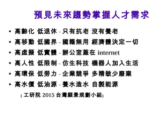 預見未來趨勢掌握人才需求
• 高齡化 低退休 - 只有抗老 沒有養老
• 高移動 低國界 - 國籍無用 經濟體決定一切
• 高虛擬 低實體 - 辦公室蓋在 internet
• 高人性 低限制 - 仿生科技 機器人加入生活
• 高環保 低勞力 - 企業競爭 多精敏少廢棄
• 高水價 低油源 - 養水造水 自製能源
﹙ 工研院 2015 台灣願景規劃小組﹚
 