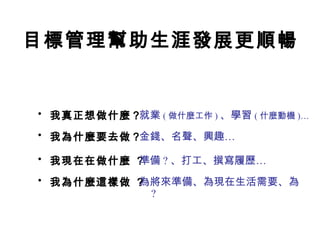 目標管理幫助生涯發展更順暢
• 我真正想做什麼？
• 我為什麼要去做？
• 我現在在做什麼 ？
• 我為什麼這樣做 ？
就業 ( 做什麼工作 ) 、學習 ( 什麼動機 )…
金錢、名聲、興趣…
為將來準備、為現在生活需要、為
?
準備 ? 、打工、撰寫履歷…
 
