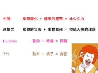 7
牛頓 季節變化 + 蘋果的墜落 = 地心引力
達爾文 動物的災害 + 生物繁殖 = 物競天擇的理論
Hutchins 警鈴 + 時鐘 = 鬧鐘
??? 破布 + 棍子 = 拖把
 