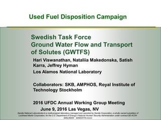 Used Fuel Disposition Campaign
Swedish Task Force
Ground Water Flow and Transport
of Solutes (GWTFS)
Sandia National Laboratories is a multi-program laboratory managed and operated by Sandia Corporation, a wholly owned subsidiary of
Lockheed Martin Corporation, for the U.S. Department of Energy’s National Nuclear Security Administration under contract DE-AC04-
94AL85000. SAND2016-nnnnn
Hari Viswanathan, Nataliia Makedonska, Satish
Karra, Jeffrey Hyman
Los Alamos National Laboratory
Collaborators: SKB, AMPHOS, Royal Institute of
Technology Stockholm
2016 UFDC Annual Working Group Meeting
June 9, 2016 Las Vegas, NV
 
